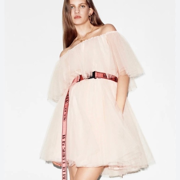 Maje Dresses & Skirts - Maje Rossini Off-the-shoulder Layered Tulle Mini Dress Peach Size S